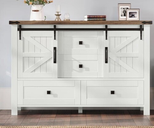 Gracie Oaks Dreavyn 47" Farmhouse Dresser with 2 Sliding Barn Doors&4 Drawers,White New in Box $499