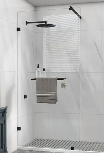 Kpuy 36" W x 76" H Fixed Frameless Shower Screen in Matte Black with Clear Tempered Glass, Stainless Steel Towel Bar, Adjustable Rod SS-S97A-3676-BK New in Box $499