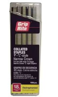 Box of Grip-Rite 1/4 in. x 1 in. 18-Gauge Adhesive Collated Electrogalvanized L-Style Narrow Crown Finishing Staples 1000 per Box / Grip-Rite 1-3/4 in. x 0.120 in. 15&deg; Wire Collated Electrogalvanized Smooth Shank Coil Roofing Nails 7200 per Box / Assorted