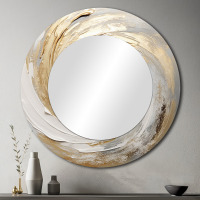 Design Art Gold And White Soft Wave Vortex III - Abstract Spirals Decorative Mirror, Modern Round Wall Mirror, Printed Metal Art, 36" Round New In Box $299