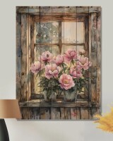 Ophelia & Co. Peonies By The Farmhouse Window II - Peonies Wood Wall Decor - On Natural Pine Wood, 32" H x 24" W x 0.78" D New In Box $199