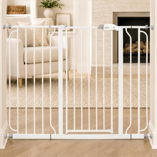 Regalo 36" Extra Tall and Wide Baby Gate, Bottom of Stairs & Doorways | Fits Openings 29"-49" Wide, Pressure Mounted with Door, For Babies, Toddlers & Pets, White / COMOMY 30" Tall Baby Gate for Stairs Doorways, Fits 29.5" to 40.5" Openings | Auto Close E