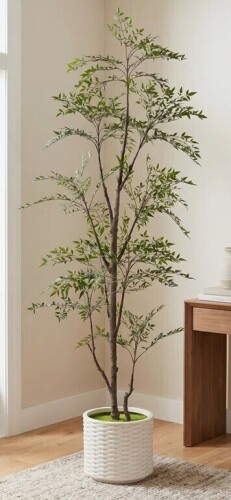 Latitude Run&reg; 7ft Faux Nandina Tree in White Planter, Tall Artificial Shady Lady Tree with Realistic Branches for Living Room, Office & Entryway Decor New In Box $299