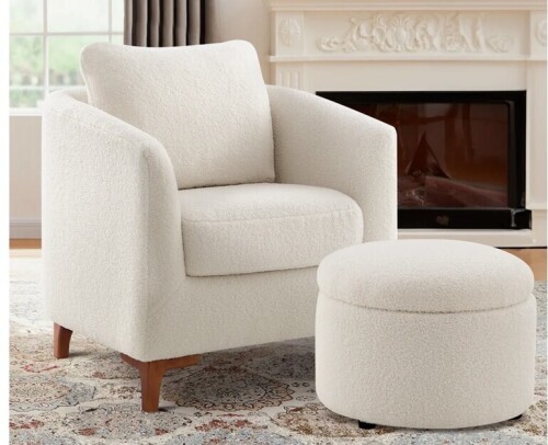 Willa Arlo Interiors Amold Upholstered Barrel Chair with Storage Ottoman in Cream New In box $699