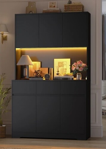 Wade Logan Aybike 71" Tall Kitchen Pantry Cabinet with Charge Station & LED Light, Freestanding Food Pantry with 4 Cabinets, 3 Drawers & Microwave Shelf, Kitchen Hutch Storage, Adjustable Shelves New Open Box $699