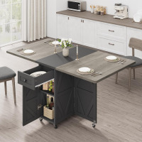 Jocoevol Space Saving Folding Dining Table for 4, Farmhouse Foldable Dining Table with Drawer and 2-Layer Storage Shelf, 6 Wheels Multipose Folding Kitchen Table for Small Space (Carlo Grey) New In Box $299