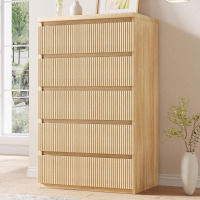 Jocoevol 5 Drawer Dresser, 43" Tall Dresser Chest of Drawers Fluted Design, Wood Mid Century Vertical Dresser Natural Texture for Bedroom, Oak Dresser $399