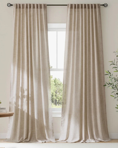 Mercer41 Linen Blend Semi Sheer Curtains (Pair), Neutral Modern Farmhouse Country Window Living Room Bedroom Rod Pocket Back Tab Drapes, 52" W x 96" L New $99