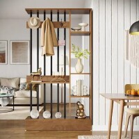 Tribesigns 71" Brown Wood Room Divider, Modern Freestanding 4-Shelf Room Divider Bookcase with 3 Hooks, Brown, New in Box $299