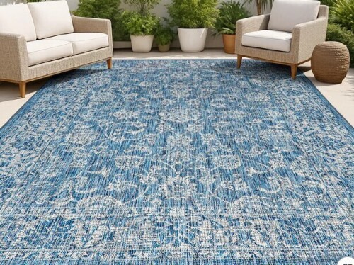 JONATHAN Y Tela Bohemian Textured Weave Floral Navy/Gray 9 ft. x 12 ft. Indoor/Outdoor Area Rug, Non-Shedding, Easy-Clean New $699