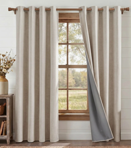 Ebern Designs 100% Blackout Linen Curtains for Bedroom, Burlap Linen Drapes with Thermal Insulated Grey Liner Grommet Noise Reducing Window Panels for Living room, 2 Panels, 52" W x 90" L $89
