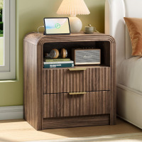 Decofy Fluted Nightstand with Charging Station, 19.7'' Wide Morden End Table with USB/Type-C Ports, 2 Drawers & Open Shelf, Curved Profile Design, Wood Bedside Table for Bedroom (Walnut) $199