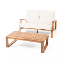 Meteor Shower Acacia Wood Outdoor Loveseat and Coffee Table Set with Beige Cushions New in Box $899