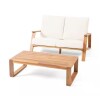 Meteor Shower Acacia Wood Outdoor Loveseat and Coffee Table Set with Beige Cushions New in Box $899