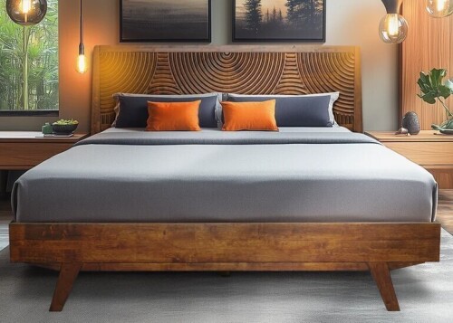 George Oliver Solid Wood Platform Bed Frame with Headboard &ndash; Mid-Century Modern Style, Carved Wood Grain, Easy Assembly with Smart Tool, No Box Spring Needed King Size in Walnut New in Box $899
