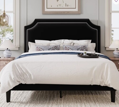 Latitude Run Modern Upholstered Platform Bed Frame With Adjustable Headboard Queen Size in Black New in Box $699