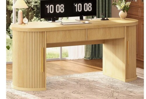 Bay Isle Home 55.1" Computer Desk With Drawer, Rattan Home Office Desks With Storage Cabinet in Box $499