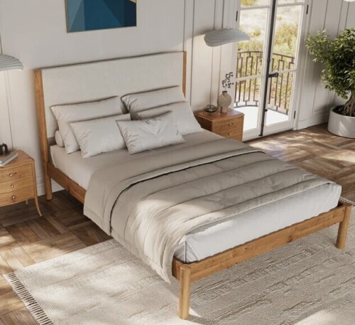 Ebern Designs Ardin Queen Solid Wood Bed Frame With Cream Boucle Upholstered Headboard New Open Box $1399