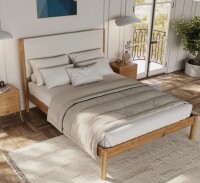Ebern Designs Ardin Queen Solid Wood Bed Frame With Cream Boucle Upholstered Headboard New Open Box $1399