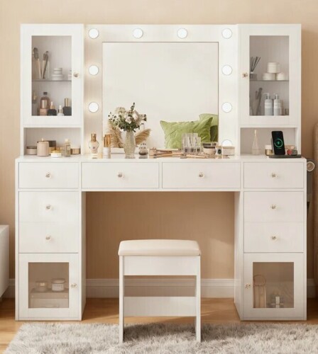 Latitude Run 55'' Makeup Vanity With Power Outlet & Lighted Mirror, 3 Lighting Modes Adjustable, Dressing Table With Chair New in Box $599