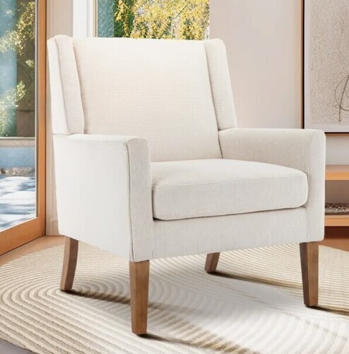 Inbox Zero Leston Wide Upholstered Fabric Accent Armchair with Solid Wood Leg in Beige New in Box $499