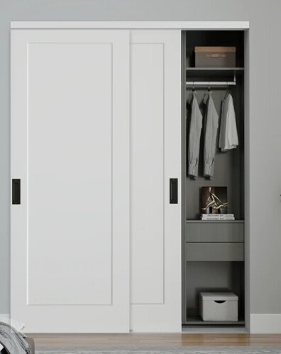 Jubest 60"X80" Flat 1-Panel Smooth White Primed Molded Sliding Closet Doors With Installation Hardware Kit and Matte Black Flush Pull New Shelf Pull $399