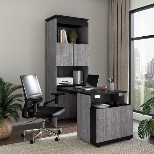 Bestar Orion Tall Storage Cabinet with Doors and Fold-Out Desk, Bedroom Organization, 30W, Bark Grey and Graphite | This Tall Storage Cabinet with Doors and Fold-Out Desk is designed to coordinate; for home office use New In Box 2 Boxes $1099