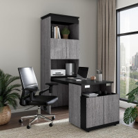 Bestar Orion Tall Storage Cabinet with Doors and Fold-Out Desk, Bedroom Organization, 30W, Bark Grey and Graphite | This Tall Storage Cabinet with Doors and Fold-Out Desk is designed to coordinate; for home office use New In Box 2 Boxes $1099