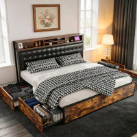 Snhomee 1100 LBS Luxury Upholstered Bed Frame with Headboard & 4 Storage Drawers and USB Charging ,Silent Design, No Box Spring Needed, Easy Assembly - King Size New In Box $599
