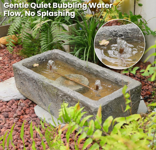 Tankana 28.35"L Rustic Rectangular Faux Stone Trough Water Fountain Outdoor Bubbler Fountains Water Feature with Solid Copper Tubing & Hidden Pump, Unlit Farmhouse Patio Yard, Gray New In Box $299