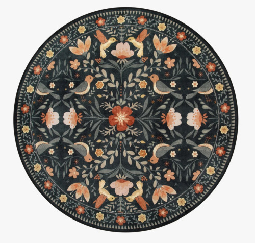 Charlton Home&reg; 6' Round Goldene Boho Bird Area Rug Washable Rug for Living Room, Large Floral Bedroom Carpet Low-Pile New $199