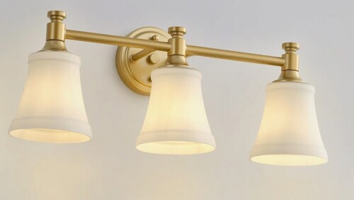 Red Barrel Studio&reg; 3 Light Brass Gold Bathroom Light Fixture with Beige Glass New In Box $299