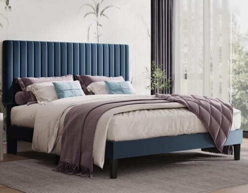 Willa Arlo Dunphy Upholstered Platform Bed with Adjustable Headboard Queen Size Blue New in Box $699