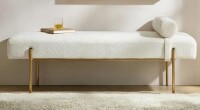 Everly Quinn Donoven White 55" End of Bed Bench, Modern Faux Fur Upholstered Ottoman Bench Seat with Gold Legs New in Box $499