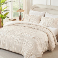 Andency Ruched Beige Queen Comforter Set, Pleated Bedding Sets 3 Pieces, Lightweight Soft Boho Ruffle Bed Set for Kids, All Season $199