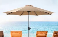 Yangming Outdoor 9 ft. Alloy Steel Push Button Tilt and Crank Patio Umbrella Market Umbrella in Khaki for Deck, Pool New In Box $299