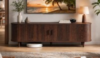 MXV 58" Mid-Century Modern TV Stand with Sliding Doors, TV Consoles with Power Outlet, Fluted Entertainment Center with Adjustable Shelves for Living Room New Open Box $299