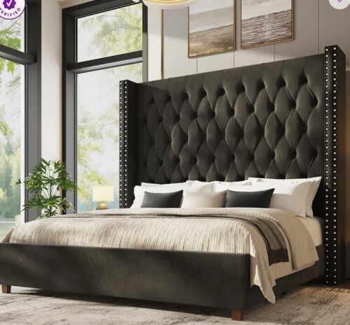 Willo Arlo Interiors Duluth King Black Diamond-Tufted Wingback Upholstered Platform Bed Black King New in Box $899