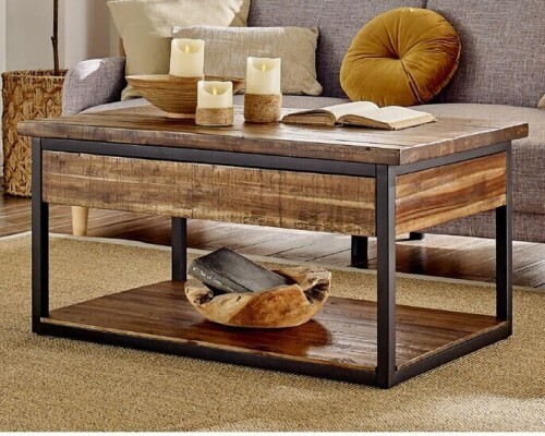 The Twillery Co Sturminster 42" Wide Rustic Industrial Solid Wood Metal Frame Rectangular Coffee Table With Storage in Box $599