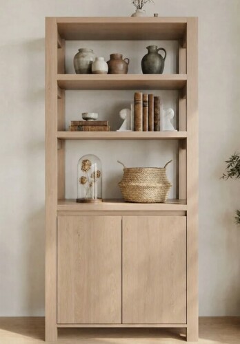 August Grove Tall Bookcase with 3 Open Shelves and 2-Door Storage Cabinet, Natural Wood Finish New in Box $699
