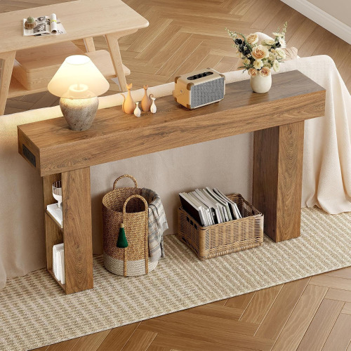 CHOEZON 63" Long Console Table, Narrow Entryway Table with Charging Station and LED Lights, 2-Tier Farmhouse Behind Couch Table with Storage, for Entryway, Light Walnut and Black $299