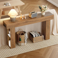 CHOEZON 63" Long Console Table, Narrow Entryway Table with Charging Station and LED Lights, 2-Tier Farmhouse Behind Couch Table with Storage, for Entryway, Light Walnut and Black $299