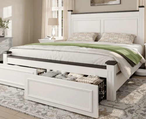 EnHomee Queen Bed Frame with 2 Storage Drawers Queen Size Bed Frame with 51.25" H Headboard Farmhouse Bed Frame NO Noise, No Box Spring Needed, White New Open Box $499