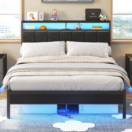 CollaredEagle Queen Size Bed Frame with LED Lights, Upholstered Headboard with Storage Shelf, Platform Bed Frame with PU Leather, No Box Spring Needed, Noise-Free Bed Frame for Bedroom, Black $399