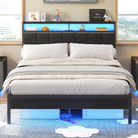 CollaredEagle Queen Size Bed Frame with LED Lights, Upholstered Headboard with Storage Shelf, Platform Bed Frame with PU Leather, No Box Spring Needed, Noise-Free Bed Frame for Bedroom, Black $399