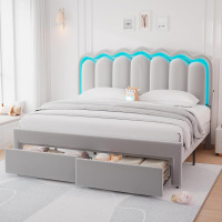 Jocoevol King Upholstered LED Bed Frame with 2 Storage Drawers and Adjustable Chic Double Wavy Headboard, Velvet Princess Platform Bed with Charing Station, Solid Wood Slats Support, No Box Spring Needed, Grey New In Box $499