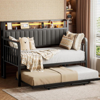 Jocoevol Daybed with Trundle and LED Light, Heavy Duty Metal Twin Bed Frame with Upholstered Storage Headboard & Charging Station, Day Bed Pop Up Trundle Bed Twin for Living Room,Bedroom and Guest Room (Brown) New In Box $399