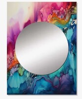 Design Art Rainbow Teal And Purple Alchohol Ink I - Abstract Shapes Wall Mirror, Modern Decorative Mirror, Printed Metal Art, 40" x 30" New In Box $299