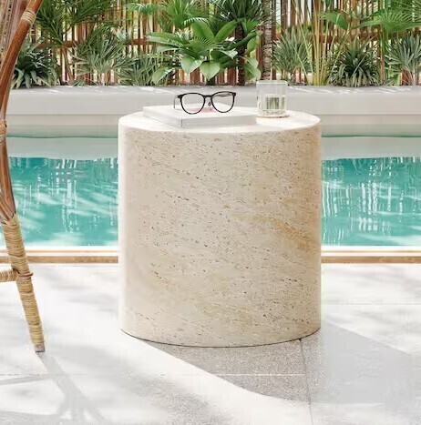 CHRISTOPHER KNIGHT HOME Zayden Outdoor Patio Round Accent Table, Concrete, Beige Travertine New In Box $299