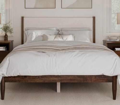 Wade Logan Besan Solid Wood Boucle Upholstered Headboard Bed Frame Queen Size Cream King Size New in Box $1199